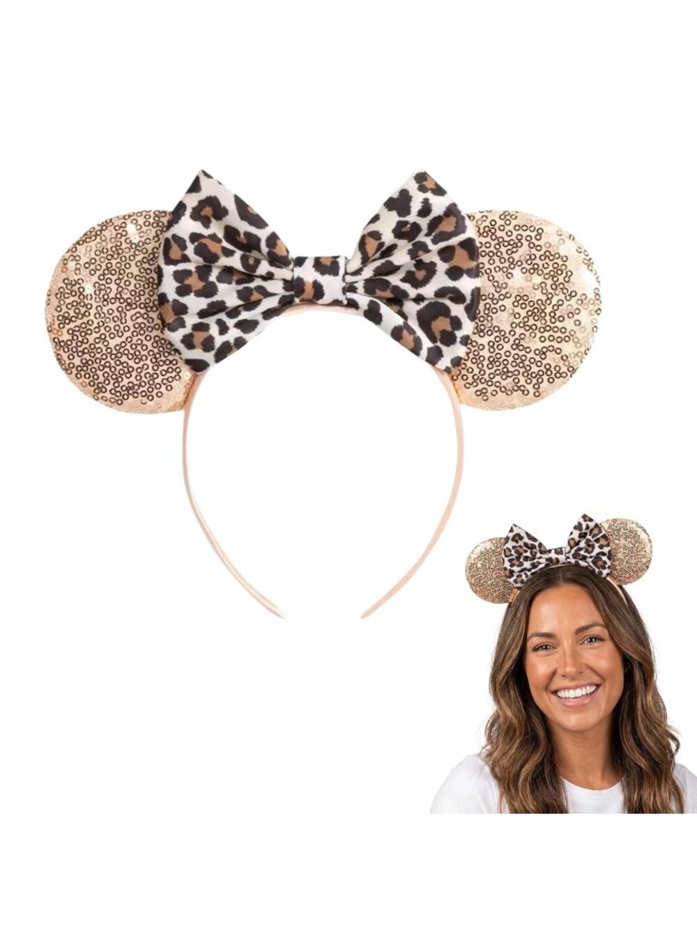 Women Gold Leopard Sequin Polyester Shiny Bows Mickey Mouse Headband